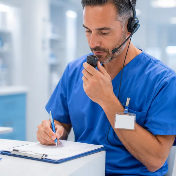 A clinician with a headset taking notes while assisting a colleague